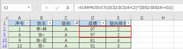 SUMPRODUCT分组排名公式（修正）